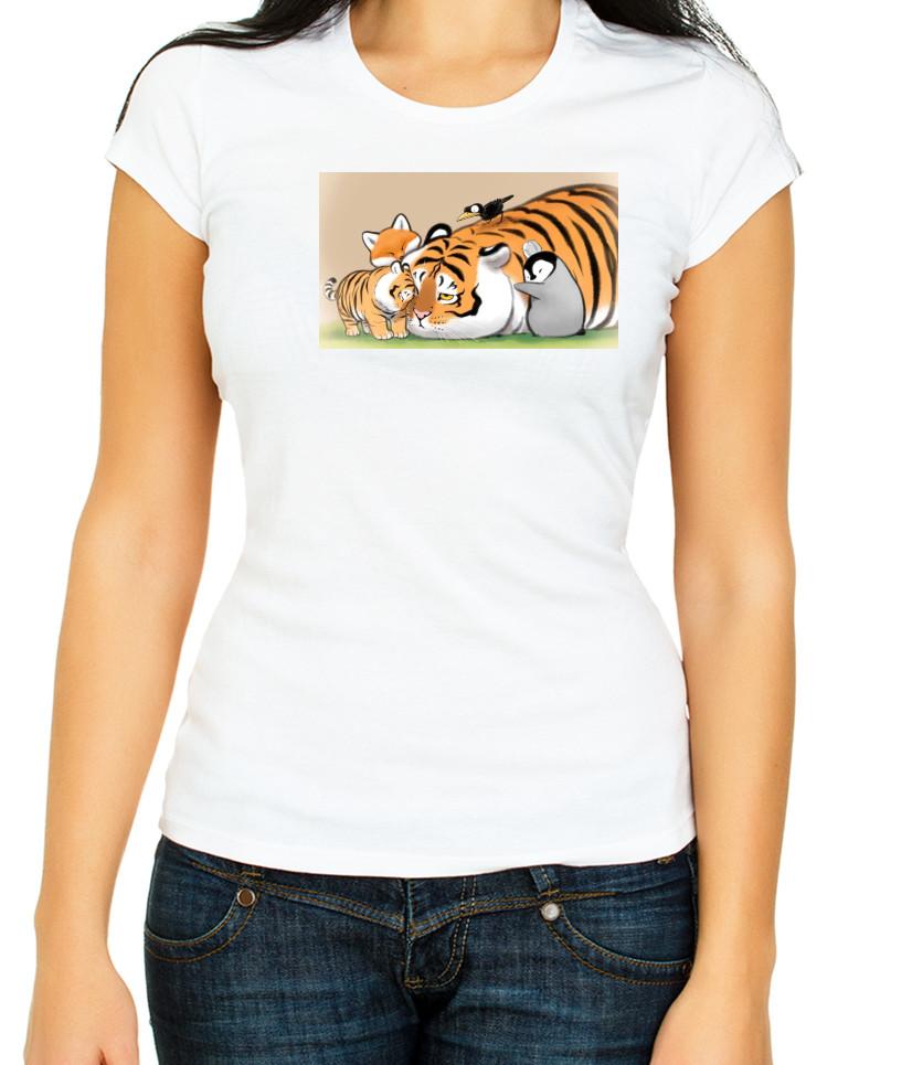 

Funny Animals Fat Tiger 3/4 Short Sleeve White Women s T-Shirt F439 4XL