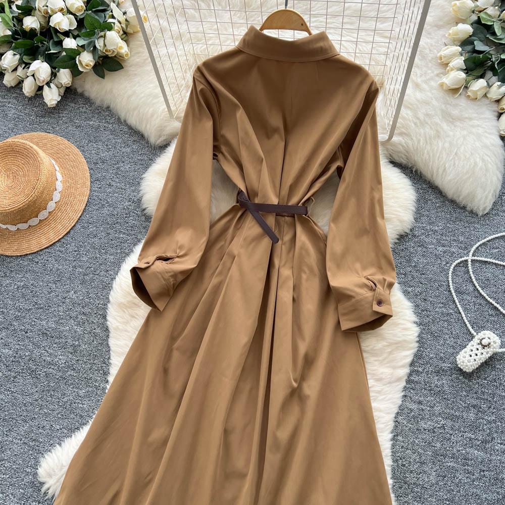 French Light Maturity Minimalist Retro Lapel Long Sleeve Single Button Waist Cinching Dress Women Autumn Slim Fit Elegant Maxi Dresses