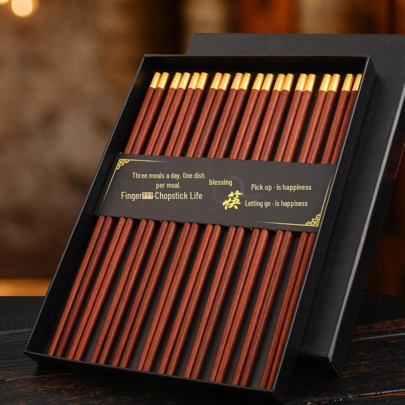 Red Sandalwood Engraved Chopsticks Gift Set (10 Pairs) - Chinese Style Business and Souvenir Box.