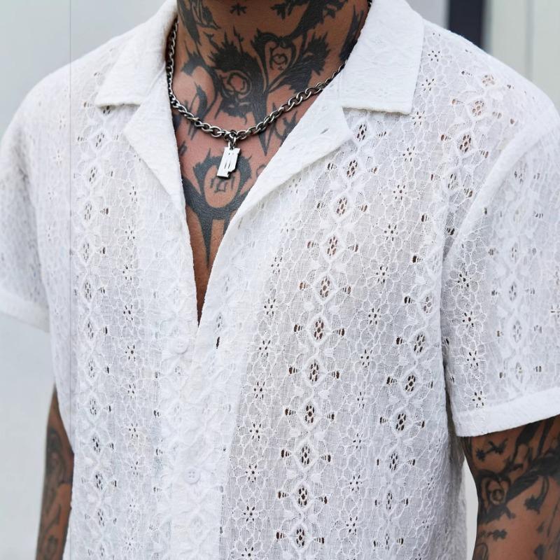 Mens Lace Crochet Short Sleeve Cuban Collar Shirt