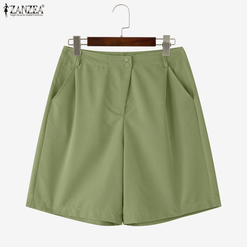

ZANZEA Women Zip-up High Waist Button Solid Color Casual Shorts Pants 5XL зелёный