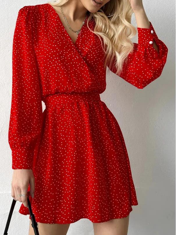 European Chic Black V-Neck Polka Dot Chiffon Dress - Women's Waist-Slimming Short Skirt for Early Autumn