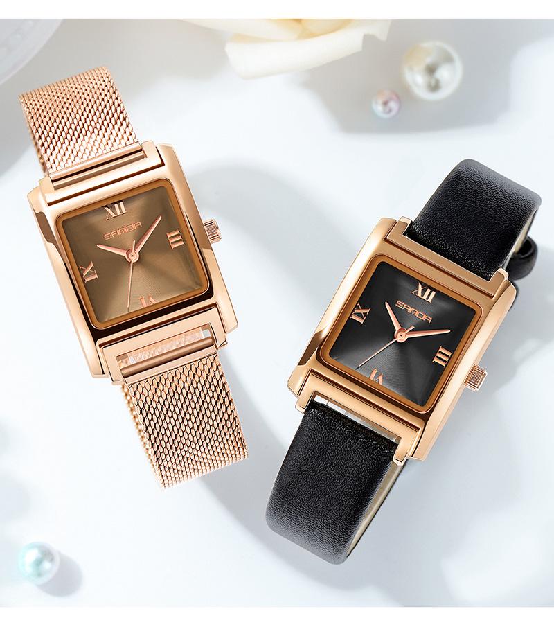 Sanda Women's Retro Leather & Mesh Strap Casual Wristwatch