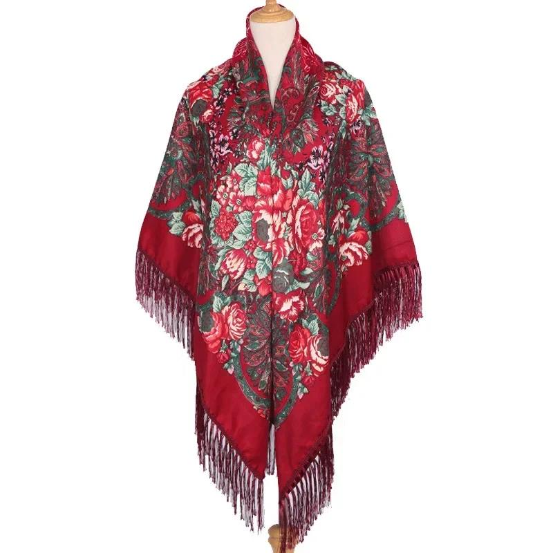 160*160Cm Ethnic Large Square Scarf For Woman Shawls Tassel Floral Print Headscarf Turban Wraps Russian Babushka Bandana Blanket