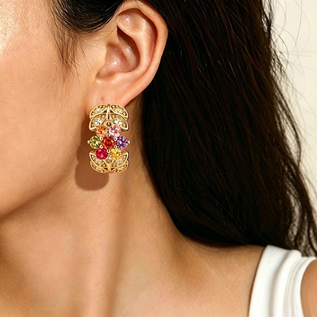 Geometric Leaf Colorful Rhinestone Stud Earrings European Niche Light Luxury All-Match Temperament Ladies Daily Pierced Jewelry
