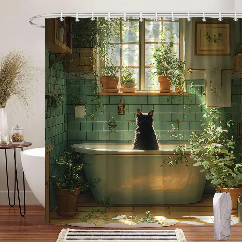 Černá kočka v osluněné koupelně Sprchový závěs - Zelený retro vzor vany Dekorativní sprchový závěs do koupelny 180X180cm
