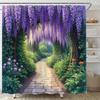 Frühlingsgarten Duschvorhang Glyzinie Grünes Blatt Rankenpflanze Lila Blüte Lavendel Floral Naturlandschaft Landhausstoff Badezimmer