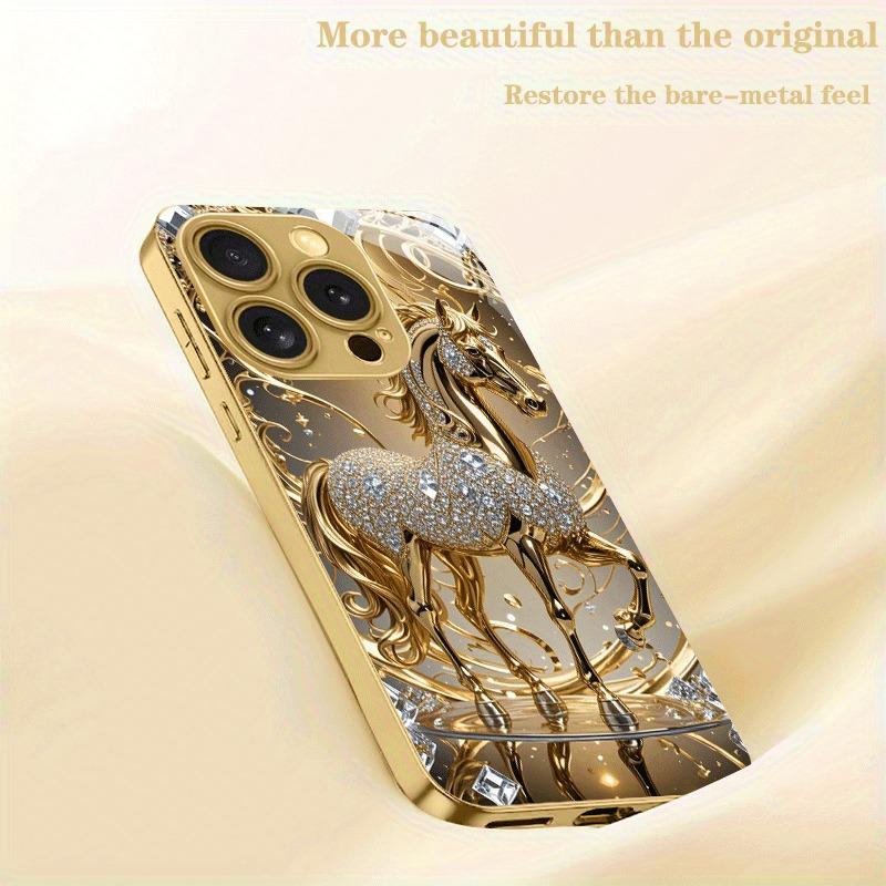 Luxury Diamond Horse Pattern Gold Metallic Paint Glass Phone Case For iPhone 17 16 15 14 13 12 11 Pro Max Plus 17 Air 16E Cover