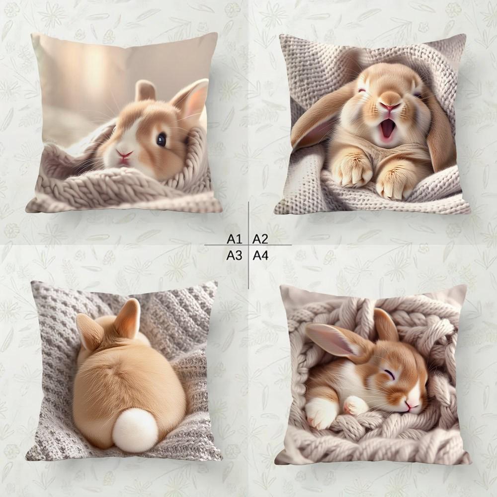 4Pcs Cute Bunny Rabbit Cushion Cover Sleeping Yawning Printed Pillow Case Polyester Home Decor Sofa Living Room 2D Flat