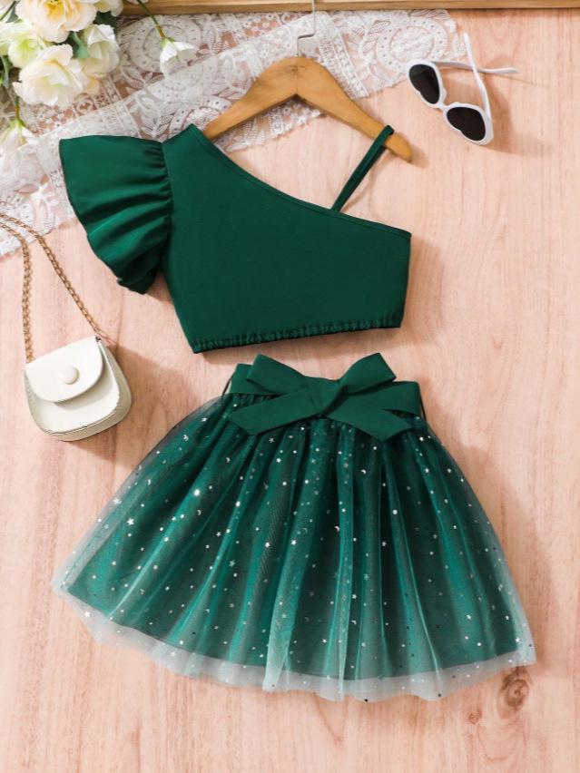 Girls' Flutter Sleeve One-Shoulder Camisole & Bow Gradient Starry Mesh Dress Set