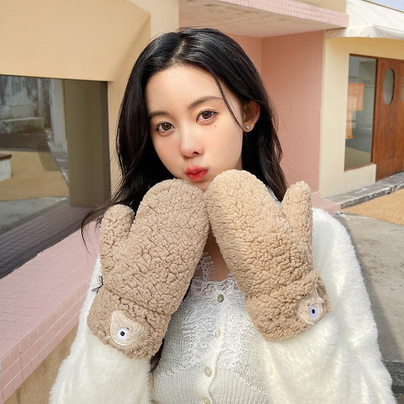 2022 Autumn Winter Women’s Bear Plush Fleece Gloves – Warm, Thickened, Neck-Hanging Mittens for Riding One Size хаки