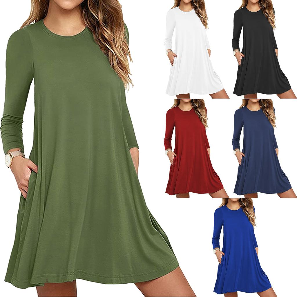 Women's Round Neck Long Sleeve A-Line Dress High Waist Casual Swing Dress with Pockets