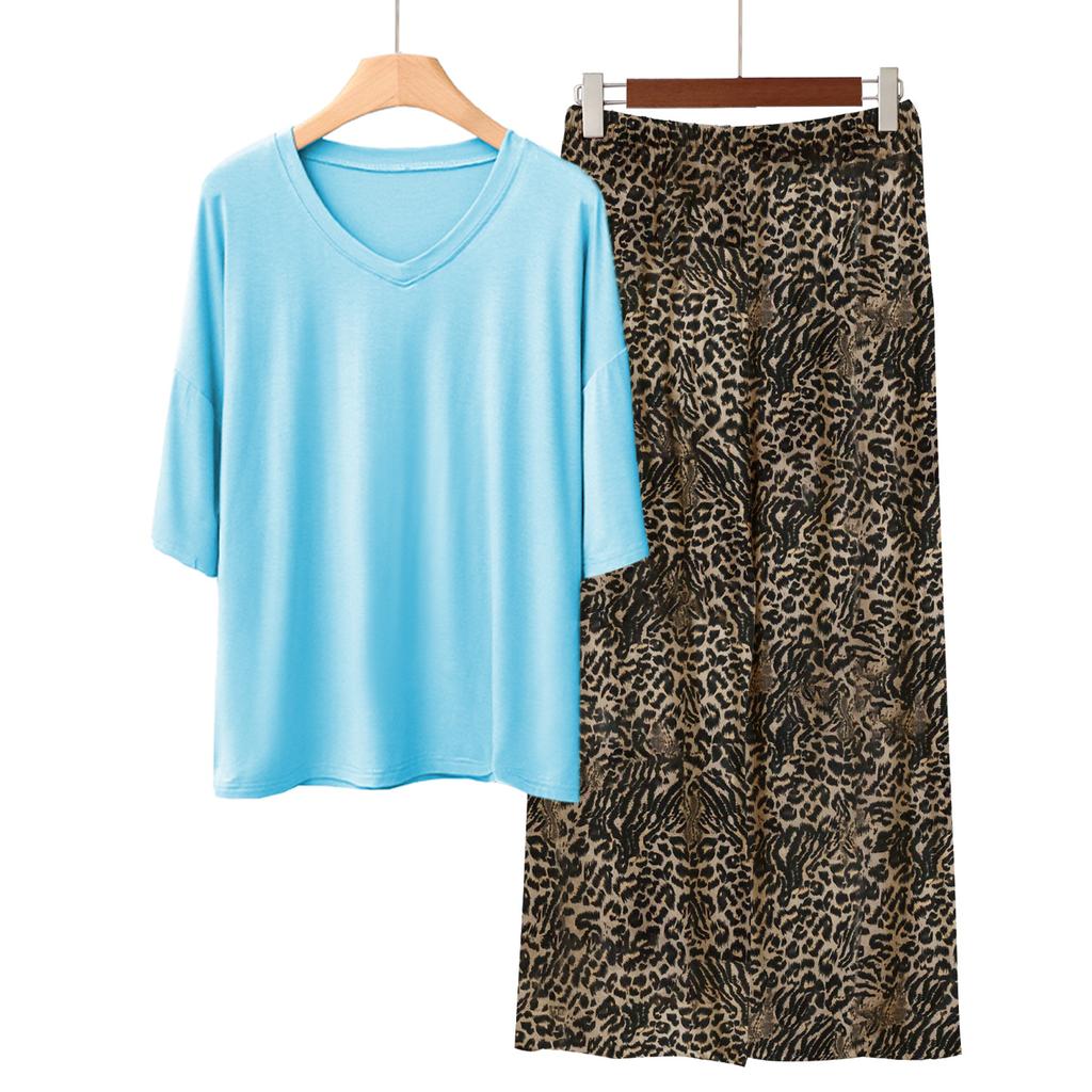 Pajamas Women's Spring and Summer New V-neck Short-sleeved Cotton and Linen Pants European and American Large-size Loungewear Two-piece Set