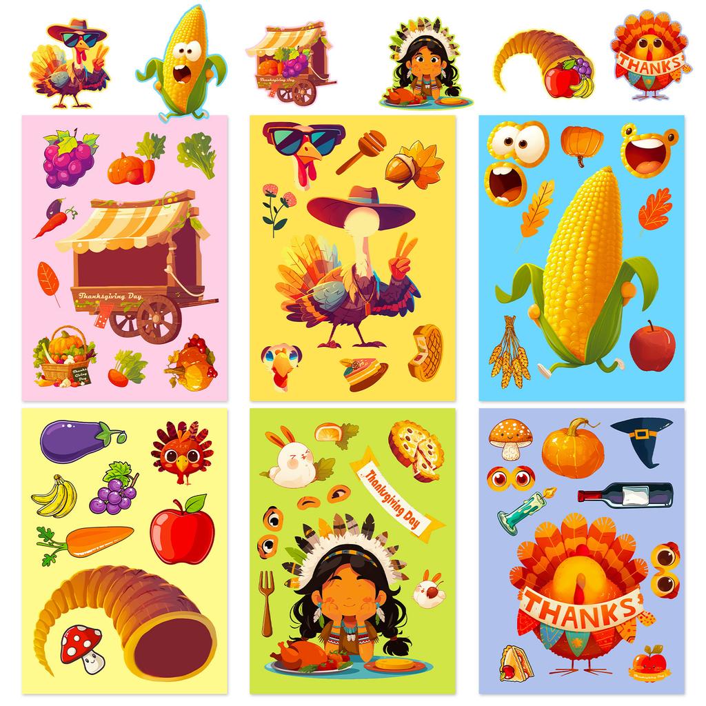 6 Thanksgiving Fall Harvest Season Puzzle Stickers Holiday Celebration Diy Face Changer Stickers Children'S Handbook