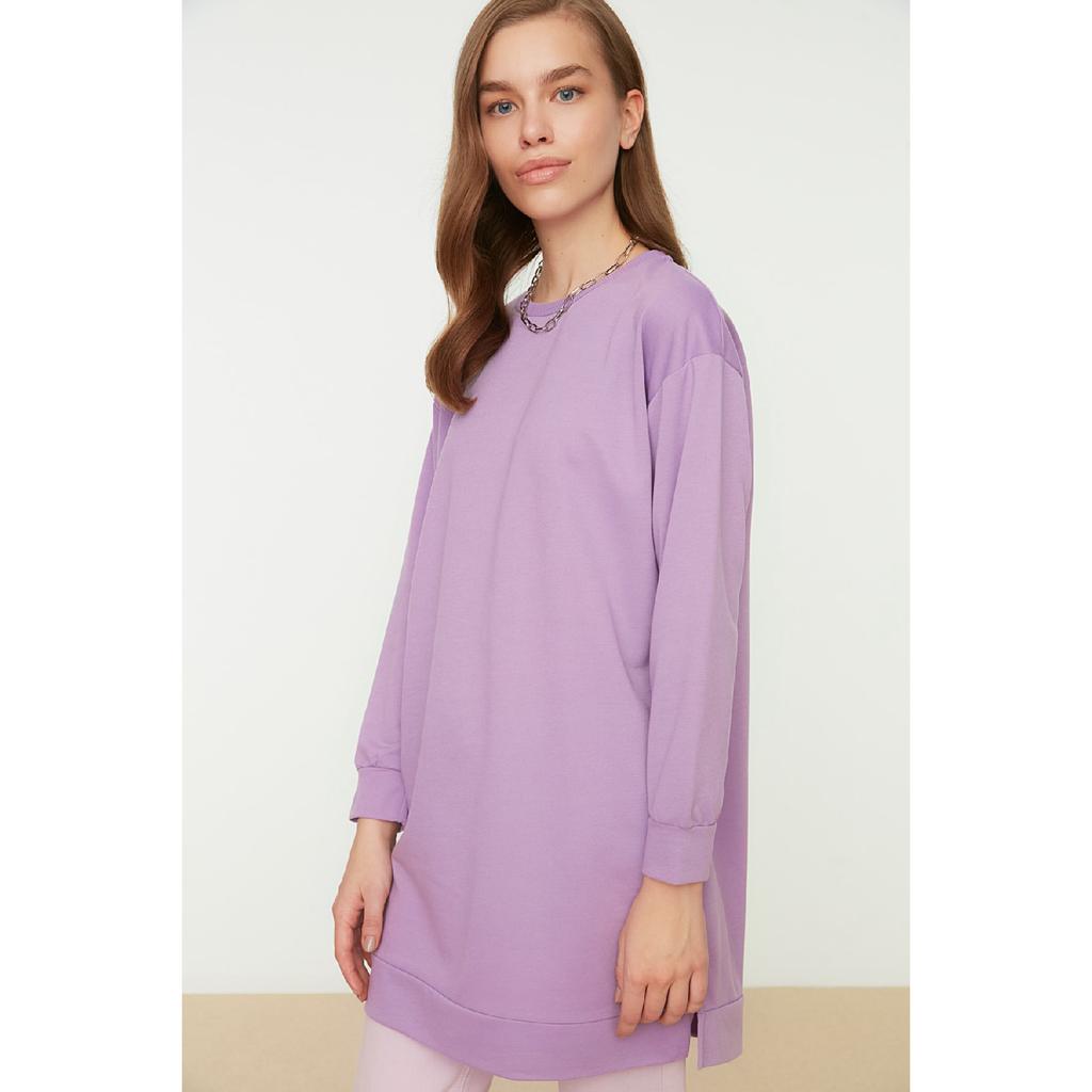 Orangefarbenes Basic-Strick-Sweatshirt mit Schlitz und Rundhalsausschnitt, Tctaw22tw0138