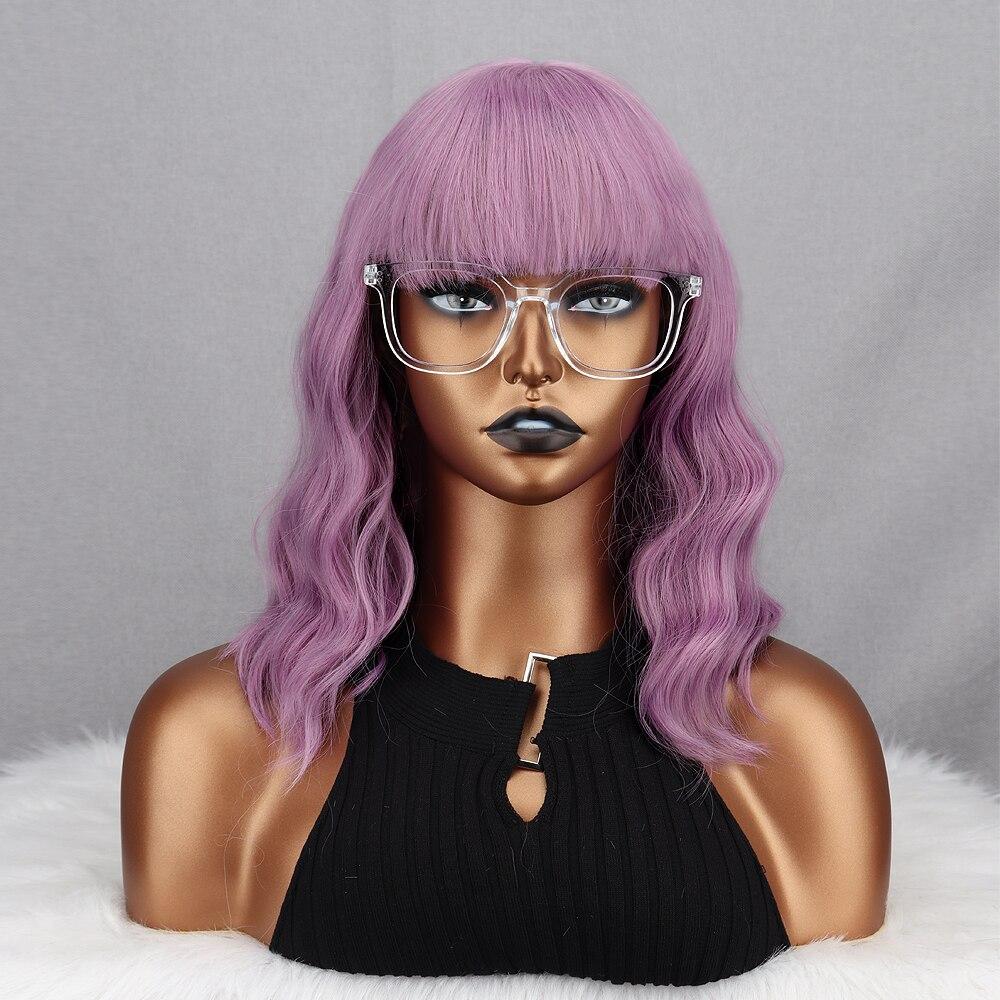 MISS WIG Purple Color Water Wave Wig with Bangs Synthetic Fiber Shoulder Length Wavy Cosplay Daily Wear Short Wavy Wig