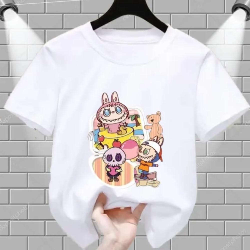 Summer Popular Children's T-shirt Clothing Beach Vacation Labubu Printed Girls Round Neck Short Sleeved Casual Top