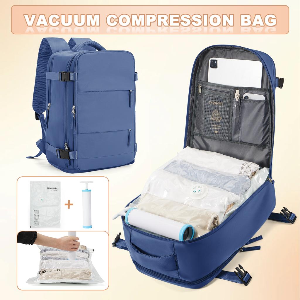 Ryanair 40x25x20 Reise-Rucksack Großes Fassungsvermögen Faltbare Wandertasche mit Vakuumbeuteln Manuelle Kompressionspumpe, Aufbewahrungsrucksack