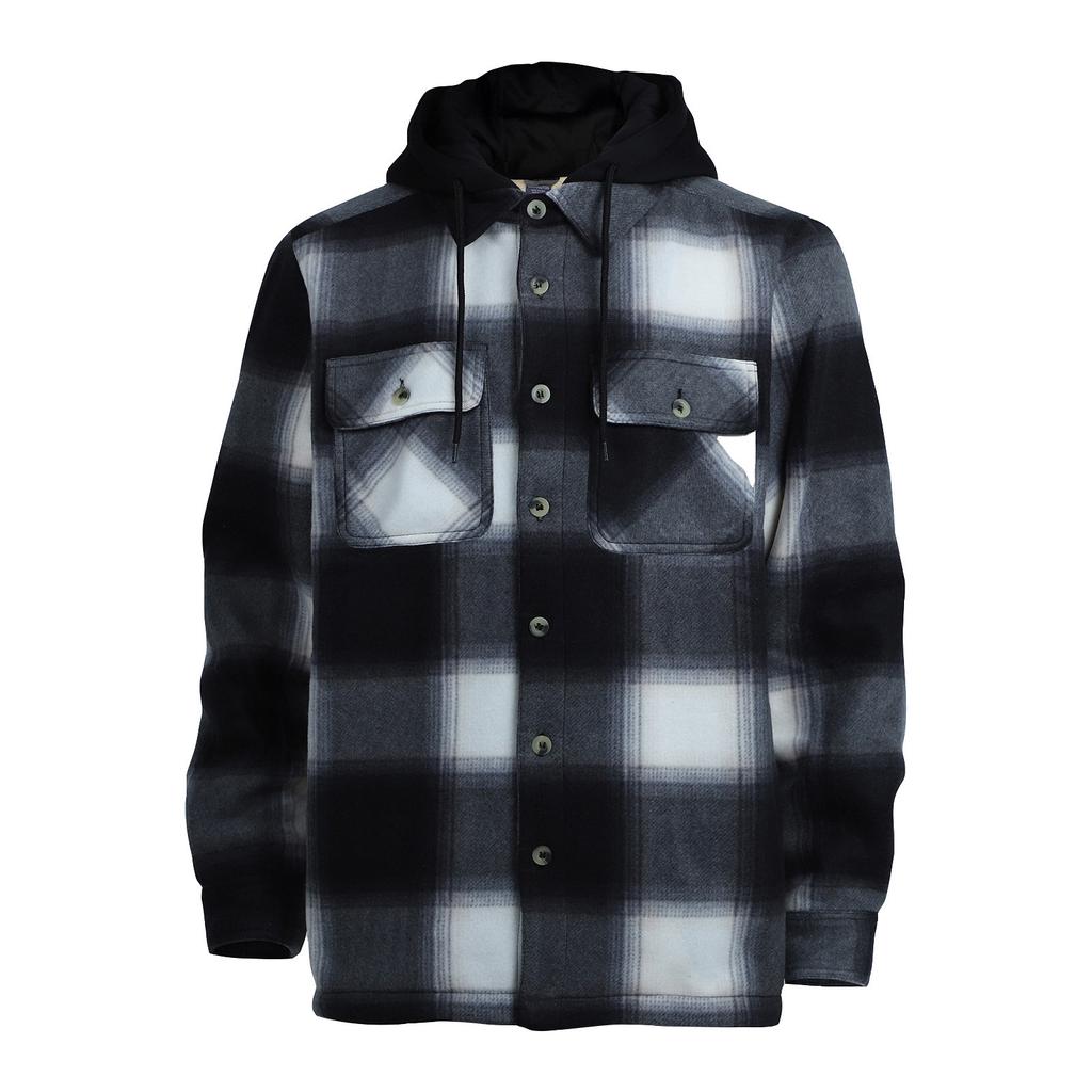 Men's Plaid Long Sleeve Shirt Men's Pocket Button Hooded Sweatshirt