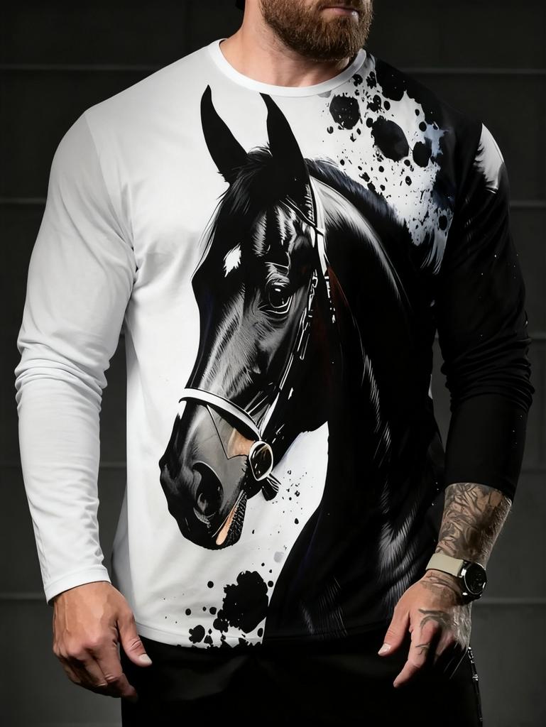 Men's T-Shirt Running Horse Graphic 3D Print Fashion Long Sleeve Crew Neck Unisex Tee Shirt Casual Summer Personality Men's Top