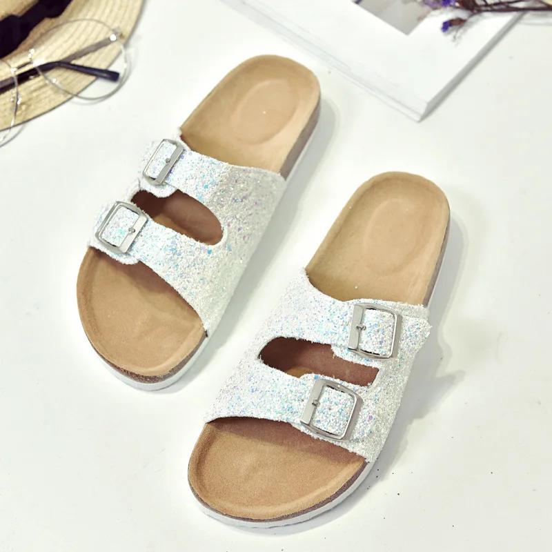 2024 New Summer Trend Sequins Parent-child Children's Slippers Women's Double Buckle Flip Flops Cork Slippers Women's Sandals