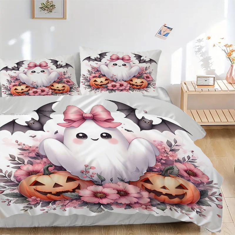 3pcs Pretty Ghost Pumpkin Flower Halloween Design Bedding Set - Includes Quilt Cover and Pillowcases, Suitable for All Seasons, Machine Washable