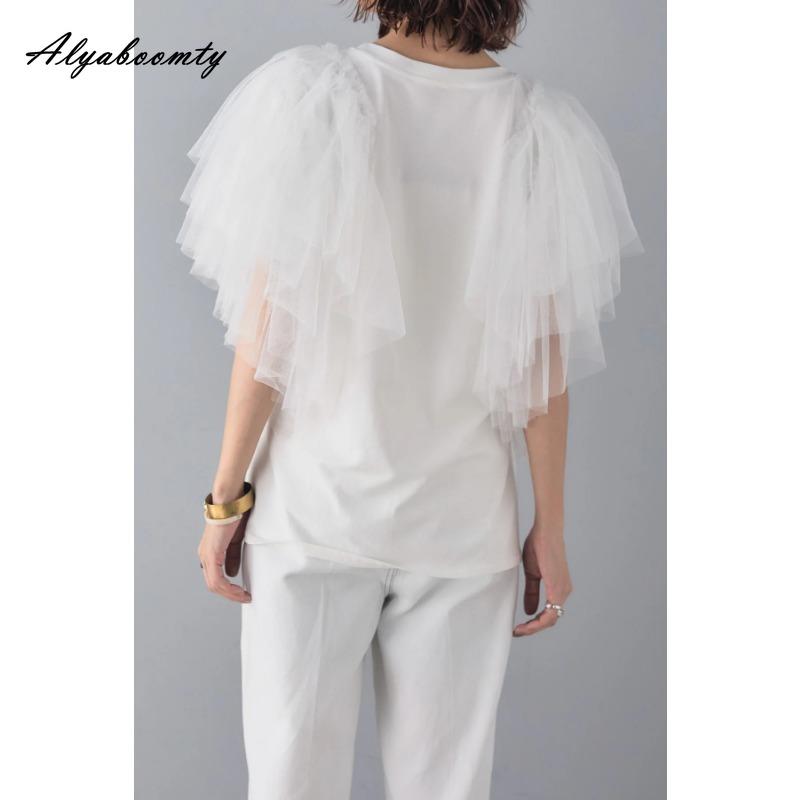 Koreanischer Stil Sommer Damenmode Top Kurz O-Ausschnitt Weiß Schwarz Lagenrüschen Mesh T-Shirt Kurzarm Stilvolles Damen-Tee