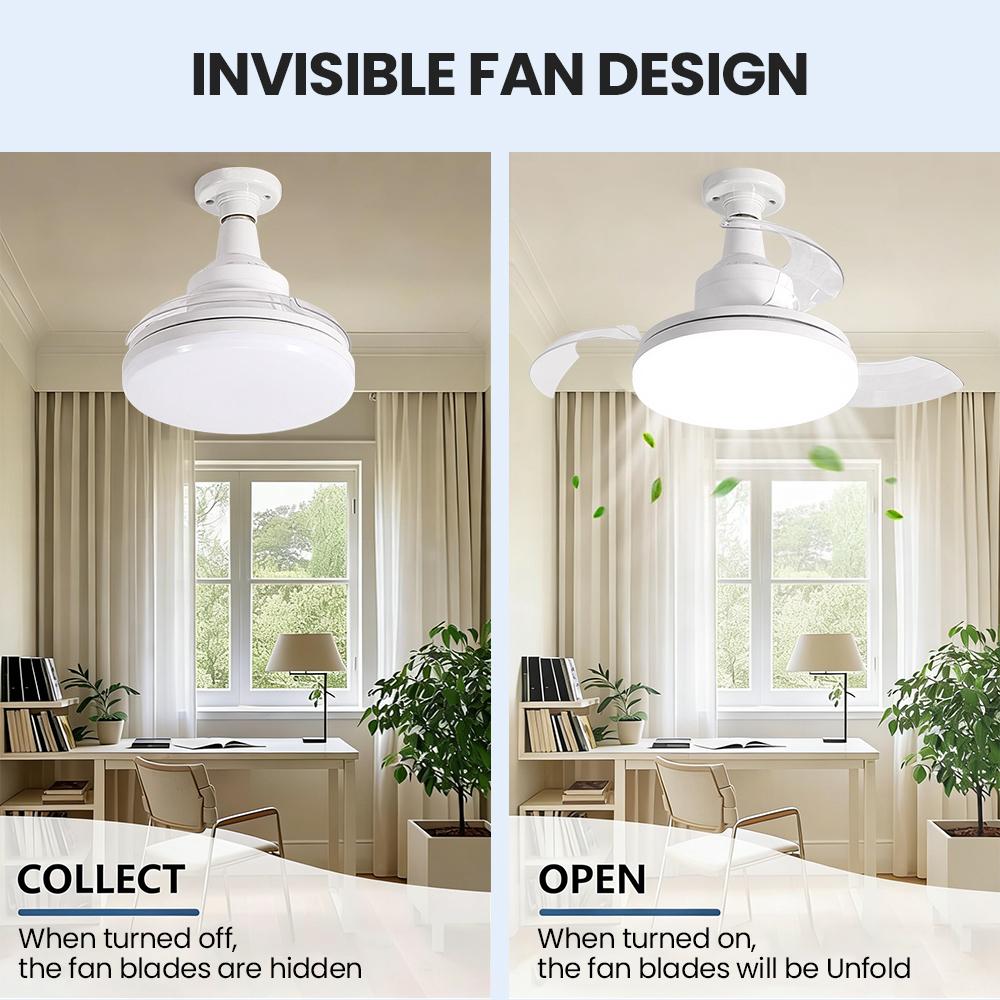 LED Ceiling Fan Light E27 Screw Invisible Fan Light with Remote Control Mute Timming Function 3-Speeds Wind Free Extension Pole