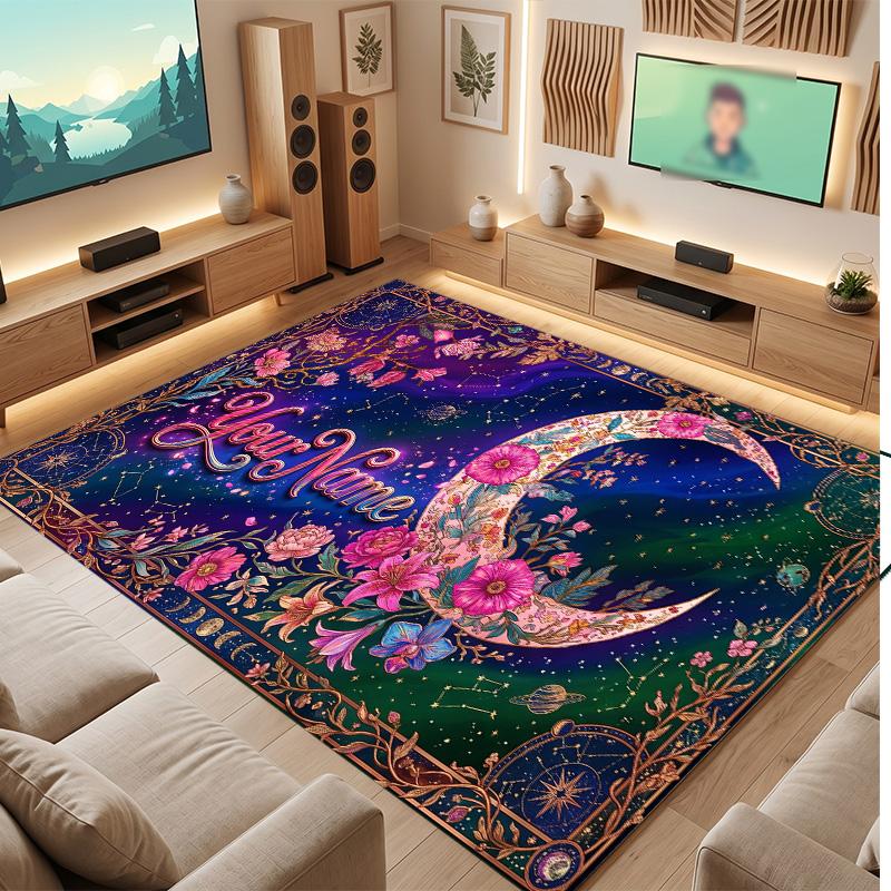 Floral Garden Theme Soft Crystal Velvet Rug Custom Name & Text Print Non Slip Floor Rug for Bedroom Living Room