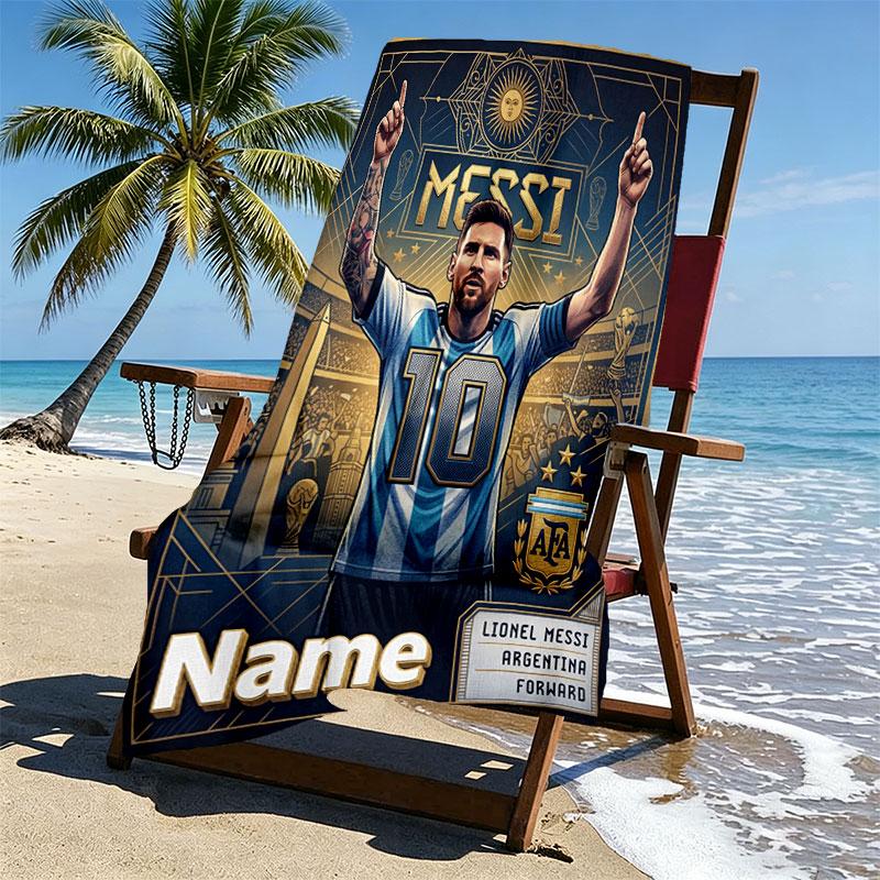 Serviette de plage personnalisée avec nom, impression Leo Messi, pour voyage, camping, fête à la plage, décoration intérieure, cadeau d'anniversaire pour la famille et les amis