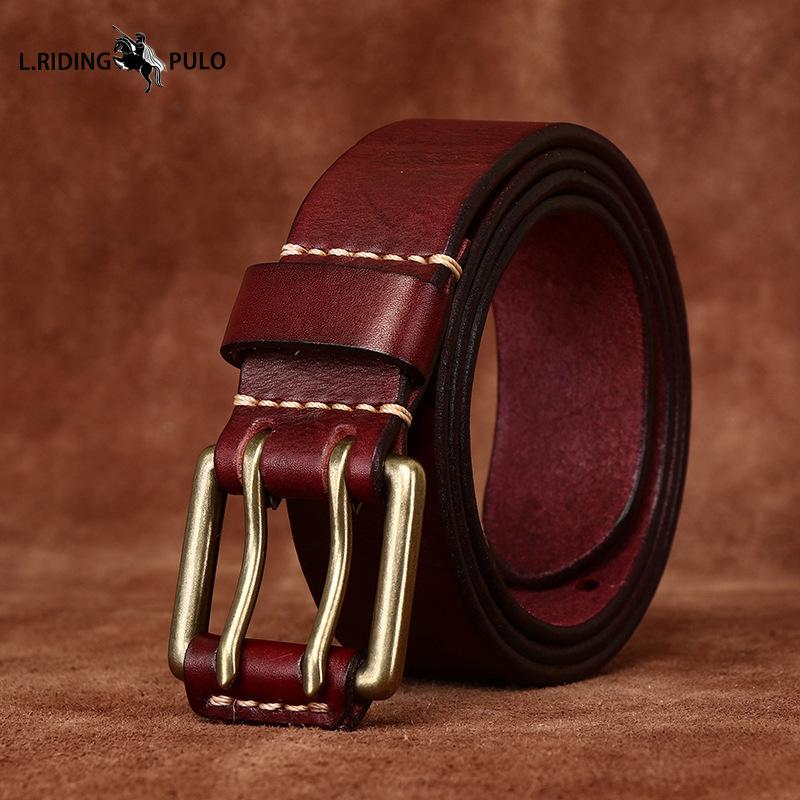 

Мужской кожаный ремень с двойной пряжкой-штифтом, из верхнего слоя коровьей кожи, в стиле ретро, молодежный, с медной пряжкой 125cm