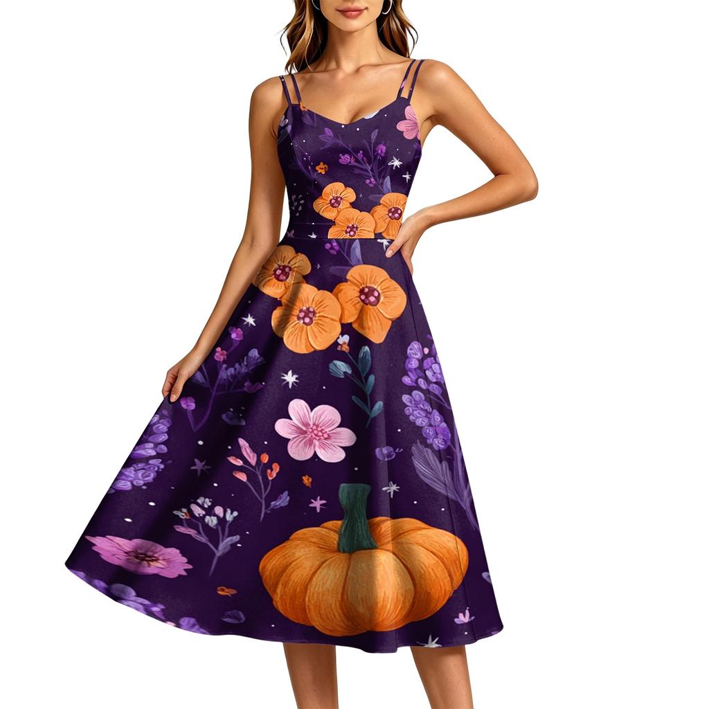 Women's Casual Halloween Print Round Neck Sleeveless Dress for Holiday Party
