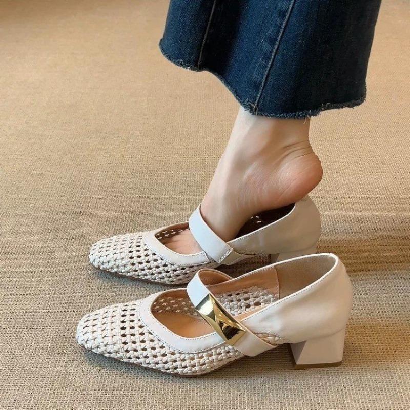 Women's braided microfiber patchwork slip-on pumps hollow-out breathable summer sandals shoes