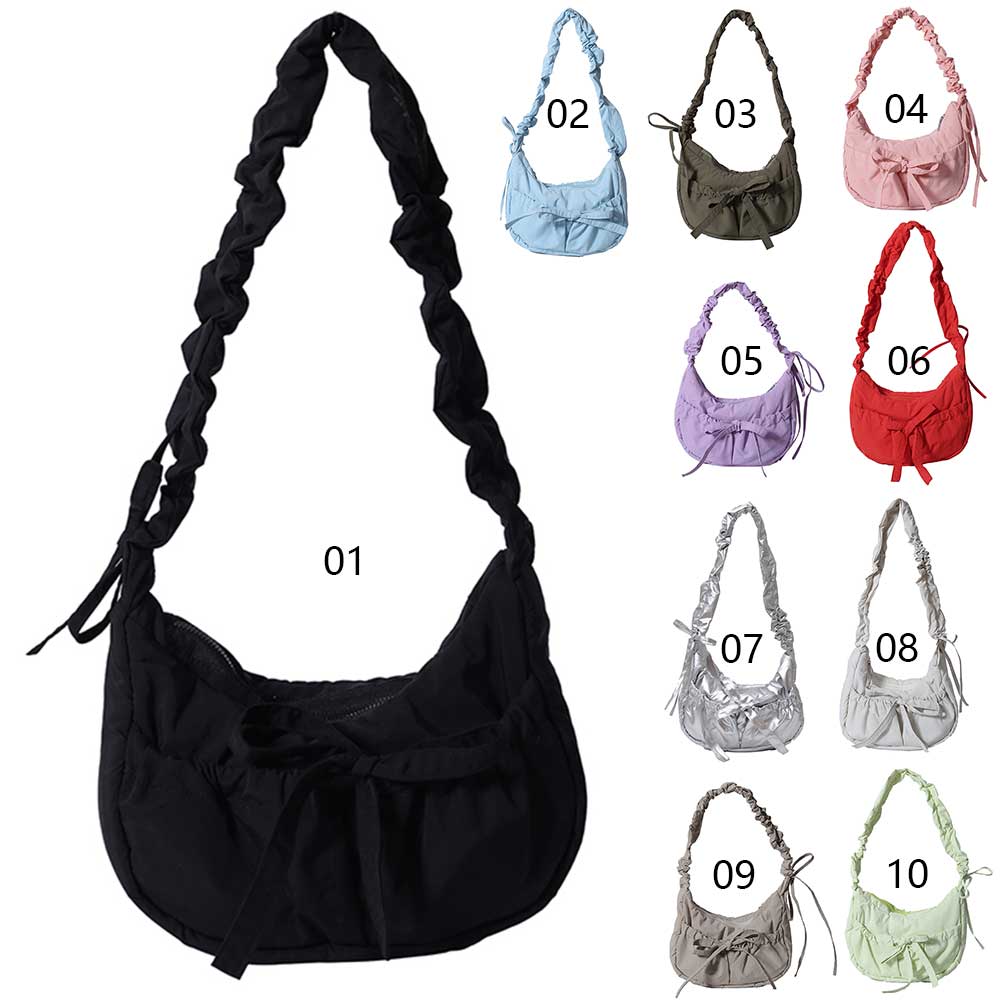 Women Casual Underarm Bag with Ruched Drawstring Strap Bow Leisure Satchel Bag Solid Color Cute Sling Bag Female Daily Handbag