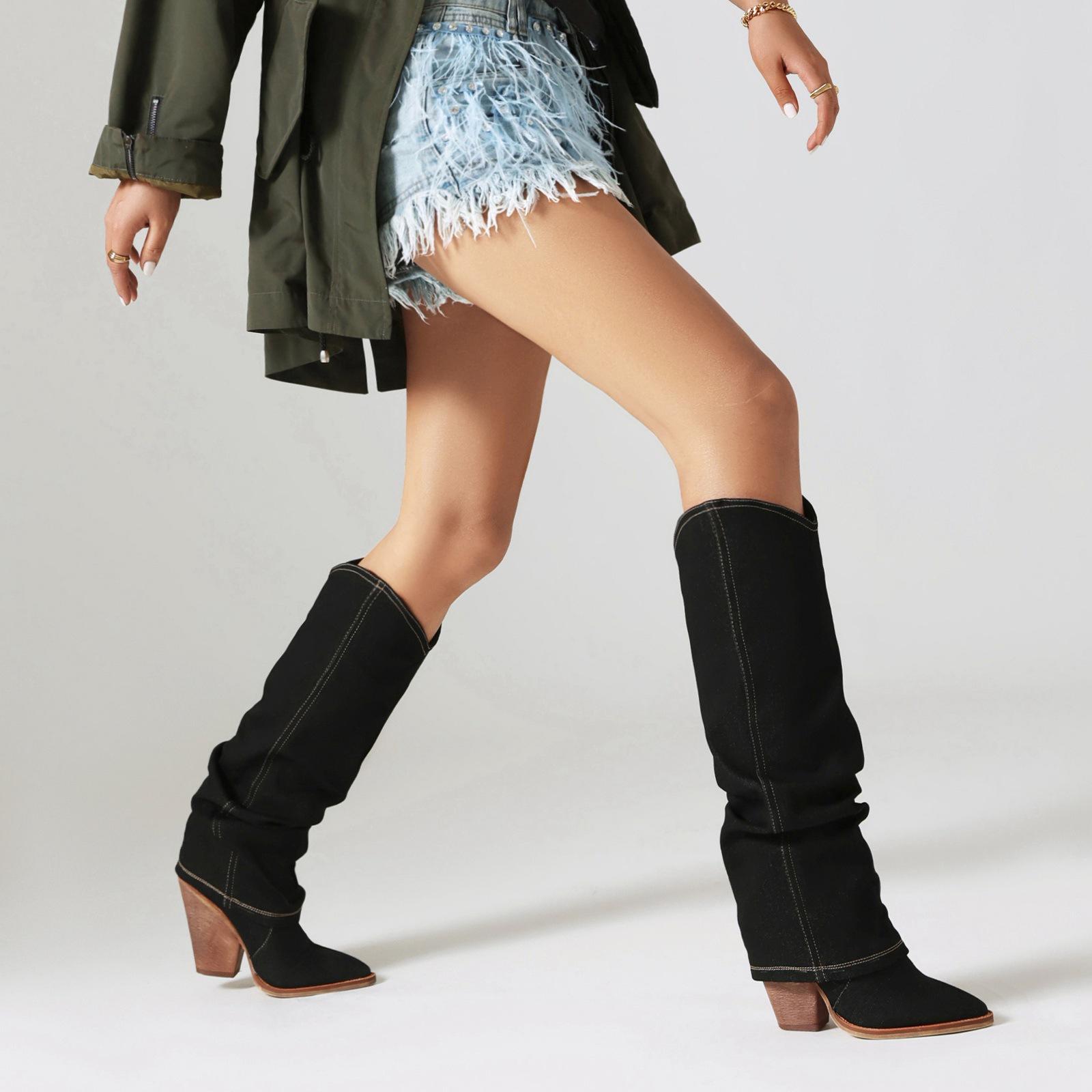 

Light Blue Knee length Stacked Boots Look Thin Pants Short Mid heeled Cowboy Fashion Casual Versatile Women s Boots 38 чорний