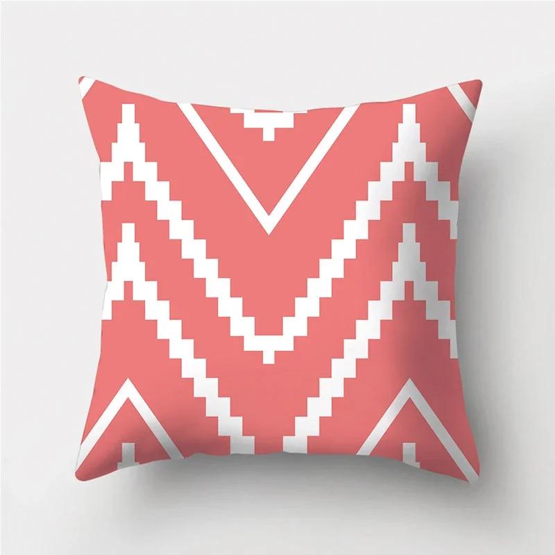 Coral Red Geometric Stripe Printed Pattern Polyester Cushion Cover for Home Living Room Sofa Decoration Throw Pillow Pillowcase