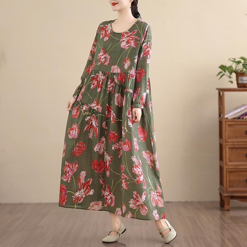 DIMANAF New 2026 Women Vintage Plus Size Spring Summer Long Dress Loose Oversize Long Sleeve Maxi Floral Print