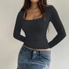 Women's Cotton Long Sleeve Lace Patchwork Navel-Exposed Square Neck T-Shirt