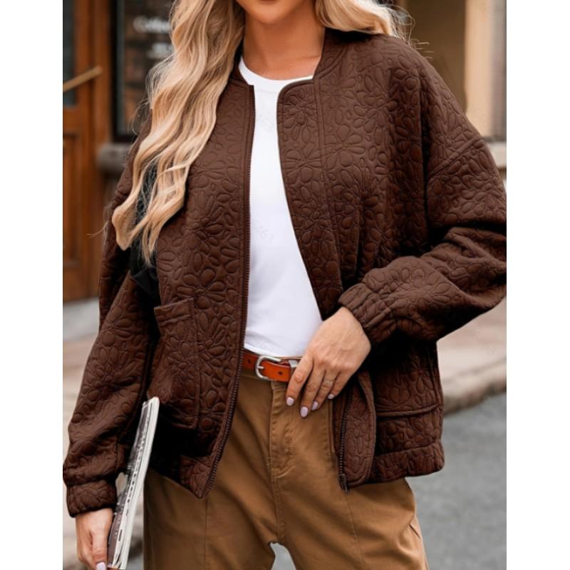 Women's Fall Plus Size Casual Jacquard Cardigan Jacket Lightweight Zipper Solid Color Long Sleeve Jackets