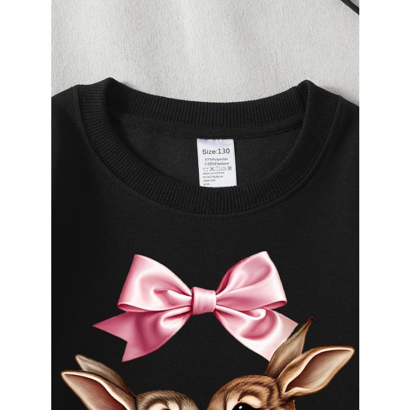 European sizes Girls Crew Neck Sweatshirt Love Rabbits with Rose And Bow, Soft Cozy Pullover, Warm Casual for Autumn & Winter.
