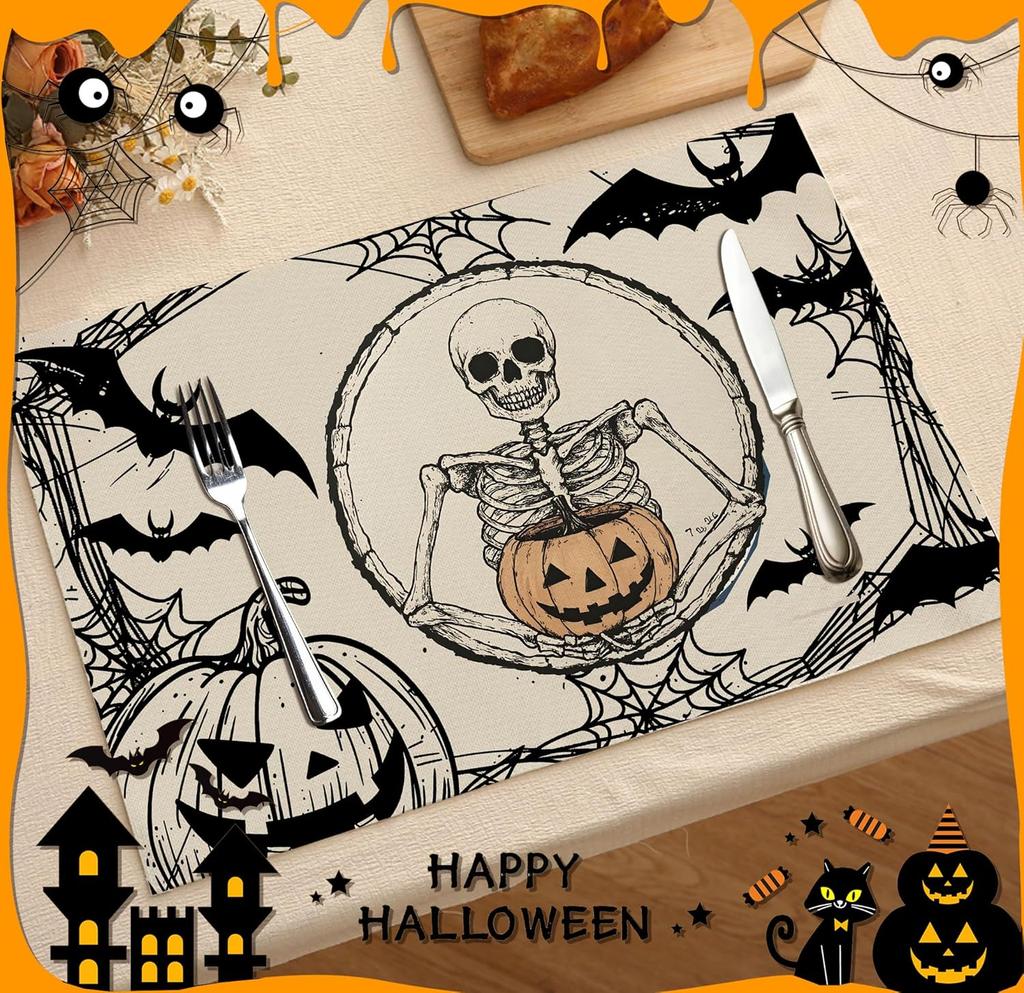 Halloween Skeleton Placemats Set of 4, 12x18 Inch Pumpkin Bats Table Mats, Washable Heat Resistant Place Mats for Kitchen
