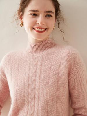 Women's Thick Cashmere Sweater: Solid Color, Half-High Neck, Loose Fit, Lazy Style, Cable Knit.