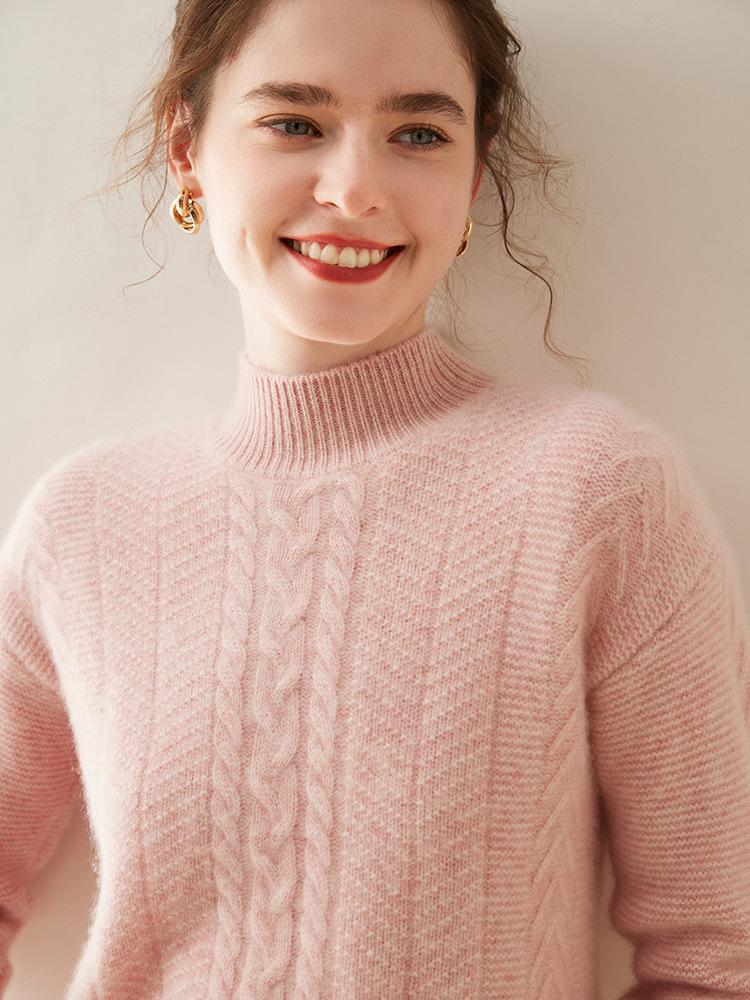 Women's Thick Cashmere Sweater: Solid Color, Half-High Neck, Loose Fit, Lazy Style, Cable Knit.