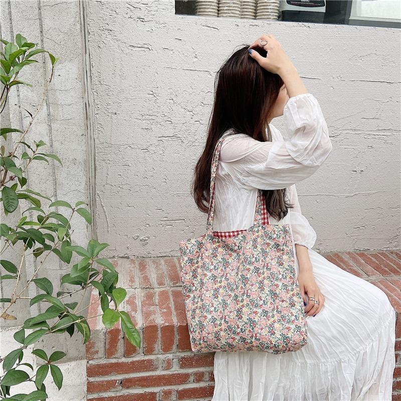 1 Bubble Cotton Double-sided Shoulder Bag Plaid Floral Splicing Canvas Bag Crossbody Small Fresh Shopping Bag