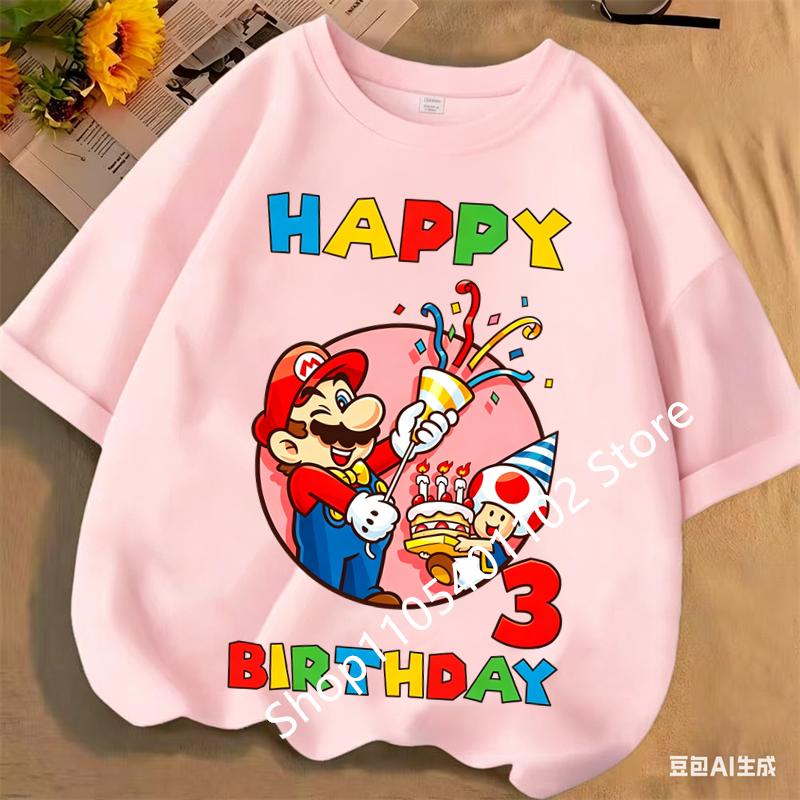 2026 New Super Marios Bros Childrens Pure Cotton Tshirts Anime Birthday Numbers 19 Cute Anime Childrens Casual Tshirts