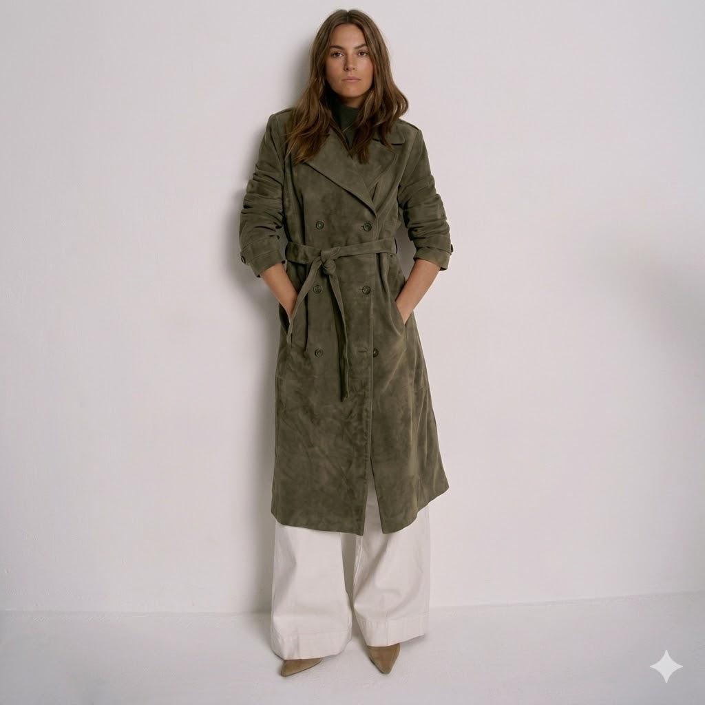 Stylish Women s Trench Coat Soft Fit Green Suede Real Lambskin Leather Handmade S зелёный