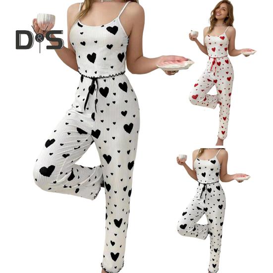 2 szt./zestaw piżamy damskiej bez rękawów z odkrytymi plecami marszczona góra z nadrukiem serca elastyczna talia szerokie nogawki bielizna nocna wiosna jesień odzież domowa