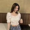 WTEMPO Women Summer Solid Retro Bandage Design Slim Cropped Tops Korean Style Ladies Elegant College Shirts