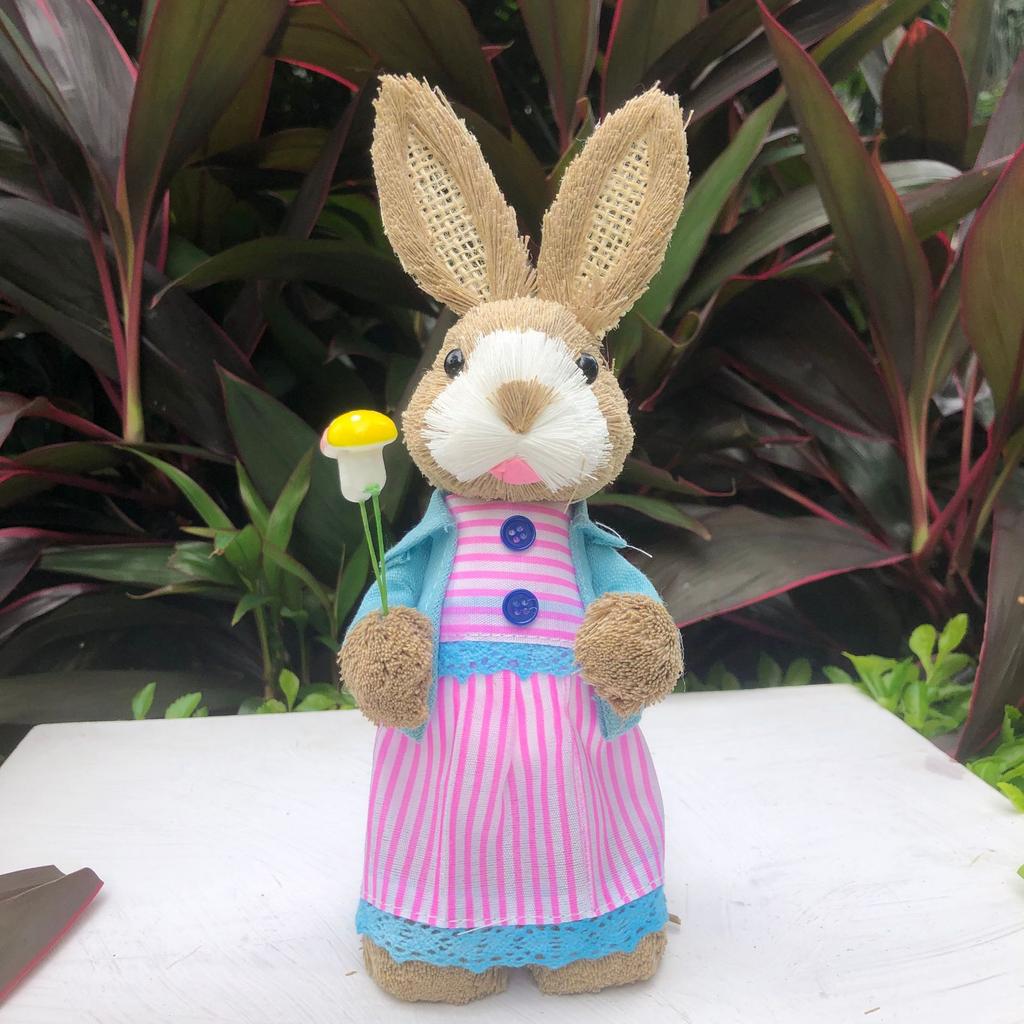 Easter Rabbit Decoration Straw Rabbit Ornament Creative Artificial Bunny Figure 25cm Home Holiday Cute with Flower Wreath