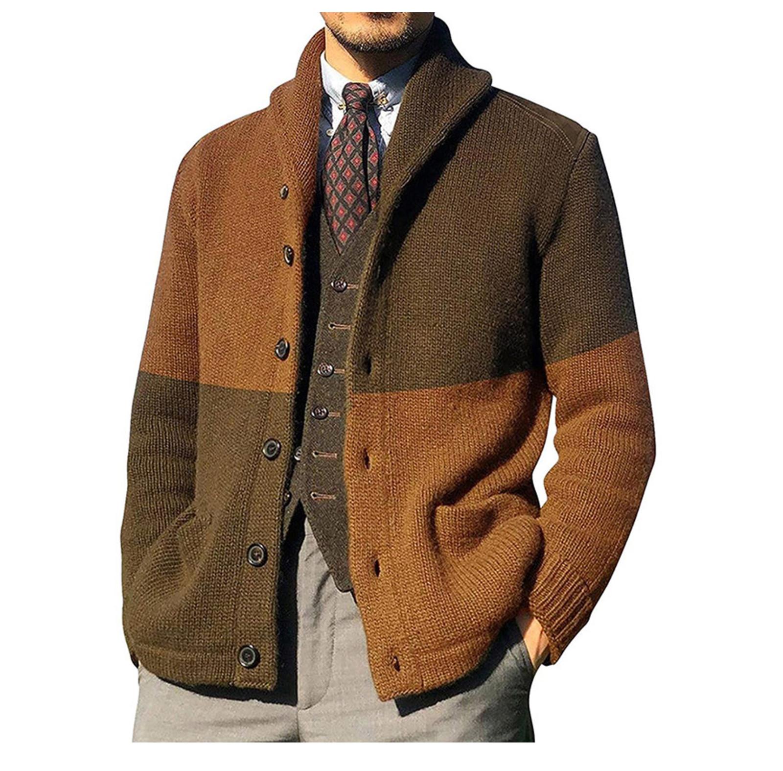 

Кардиганы, свитера для мужчин, повседневная шаль с длинным рукавом, цветные блоки, трикотажные свитера на пуговицах XXL коричневый
